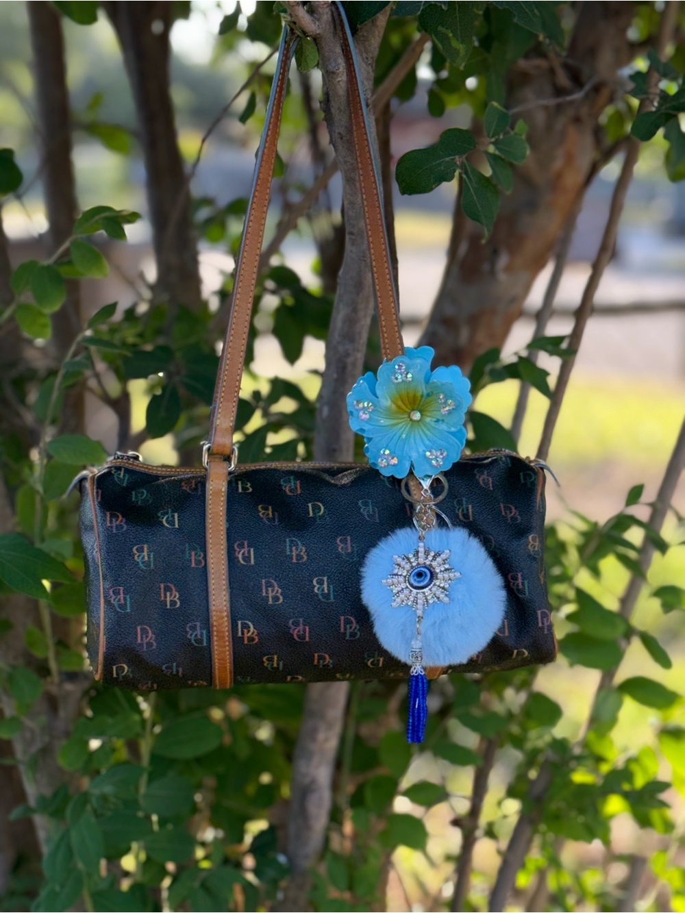 Dark Brown Monogram Mini Shoulder Bag with Blue Floral Charm